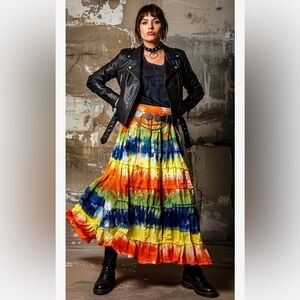 Western Tiered Cotton Tie-Dye Maxi Skirt sz Large